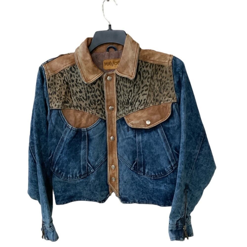 Vintage HAVOC Leather Denim Jean Jacket Women L Long Sleeve Trucker Animal Print